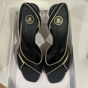 Balmain Slingback Heel // Black Suede with Gold Trimming